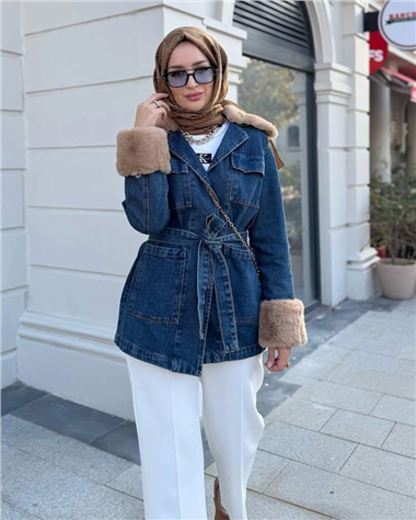 Yakası Ve Kolu Kürklü Önü Bağlamalı Cepli Kot Ceket -İndigo