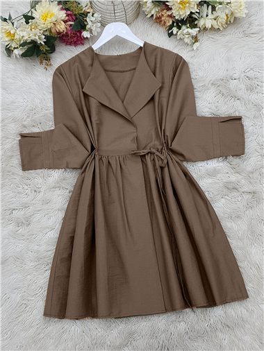 Yan Bağcıklı Kol Manşeti Yırtmaçlı Kimono  -Kahve