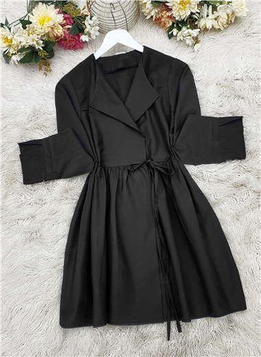 Yan Bağcıklı Kol Manşeti Yırtmaçlı Kimono -Siyah