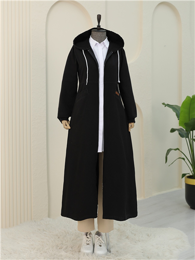 Yan Cepli Kolu Lastikli Kapşonlu Kot Kap  -Siyah