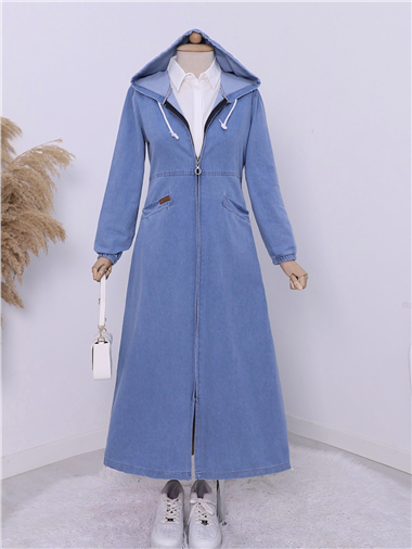 Yan Cepli Kolu Lastikli Kapşonlu Kot Kap  -Mavi