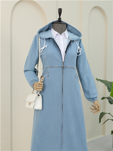 Yan Cepli Kolu Lastikli Kapşonlu Kot Kap -Açık Mavi