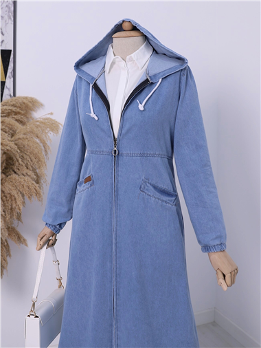 Yan Cepli Kolu Lastikli Kapşonlu Kot Kap  -Mavi