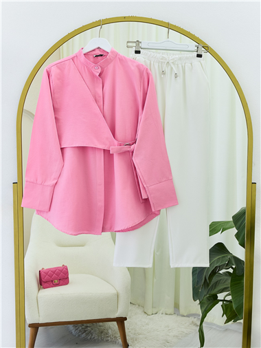 Yandan Bağlamalı Boydan Düğmeli Tunik -Pembe