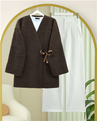 Yandan Bağlamalı Buklet Kimono   -K. Kahve