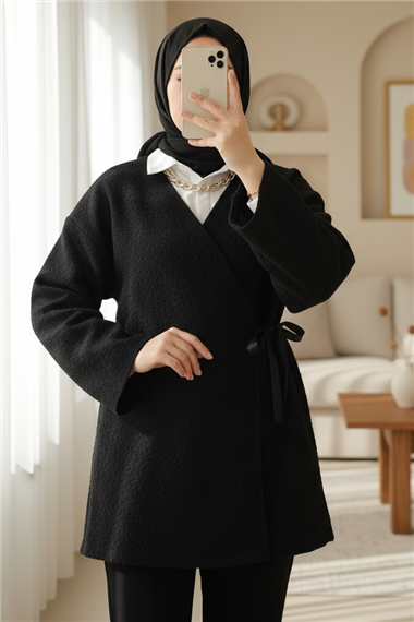 Yandan Bağlamalı Buklet Kimono -Siyah