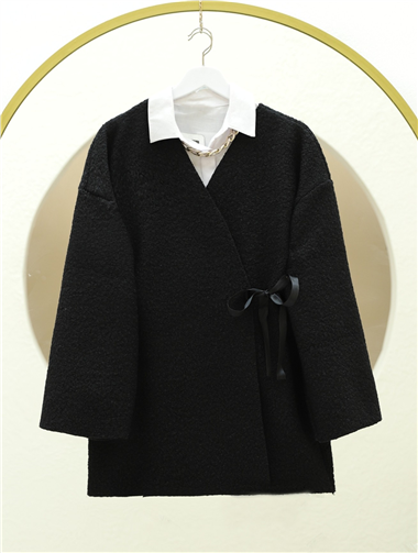Yandan Bağlamalı Buklet Kimono -Siyah