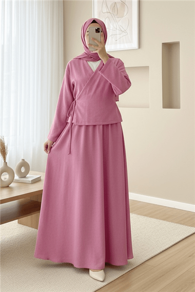 Yandan Bağlamalı Etekli Keten Takım   -Pembe