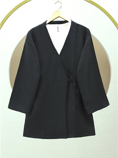 Yandan Bağlamalı Keten Kimono -Siyah