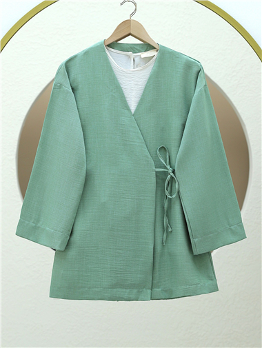 Yandan Bağlamalı Keten Kimono -Su Yeşili