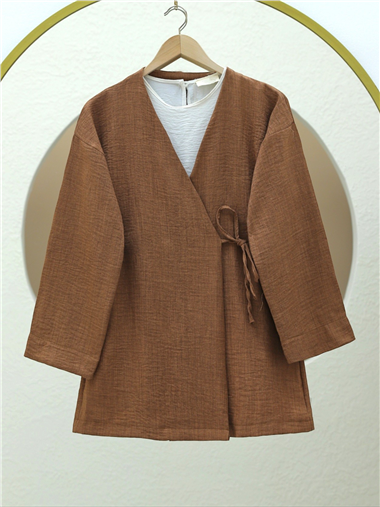 Yandan Bağlamalı Keten Kimono -Tarçın