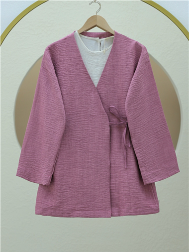 Yandan Bağlamalı Keten Kimono -Vişne