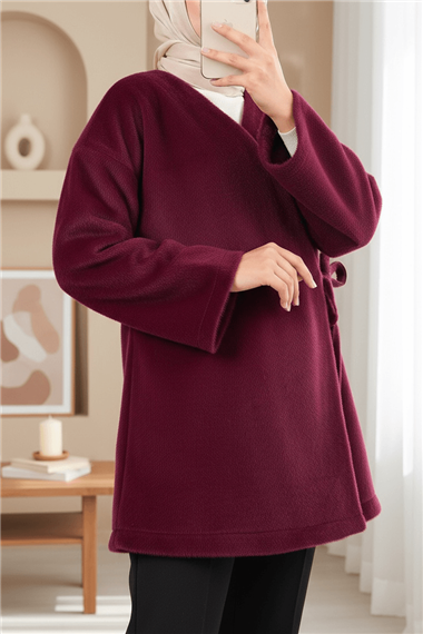 Yandan Bağlamalı Kürklü Ceket  -Bordo