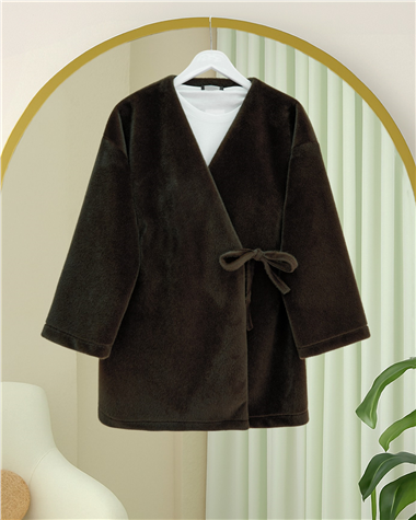 Yandan Bağlamalı Kürklü Ceket  -K. Kahve