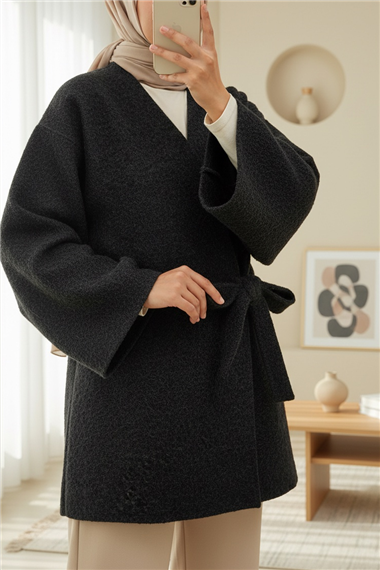 Yandan Bağlamalı Sakallı Kimono  -Siyah