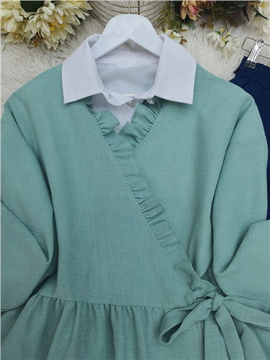Yandan Çift Bağcıklı Yakası Fırfırlı Keten Kimono -Mint