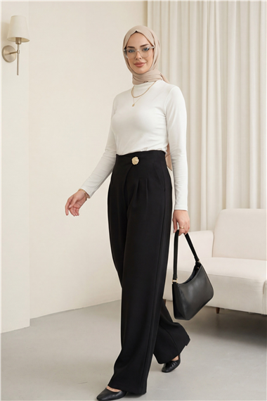 Yandan Fermuarlı Broşlu Katlama Detaylı Bol Paça Krep Pantolon  -Siyah