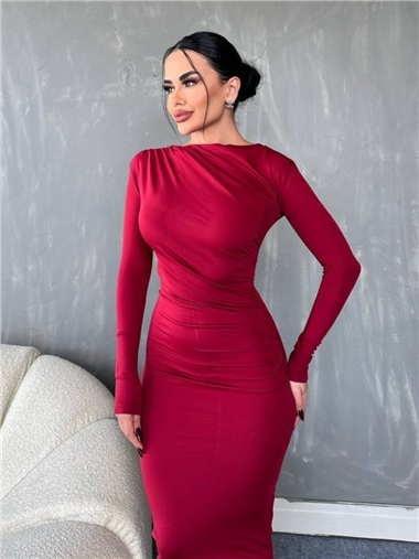 Yanı Büzgülü Uzun Skuba Elbise -Bordo