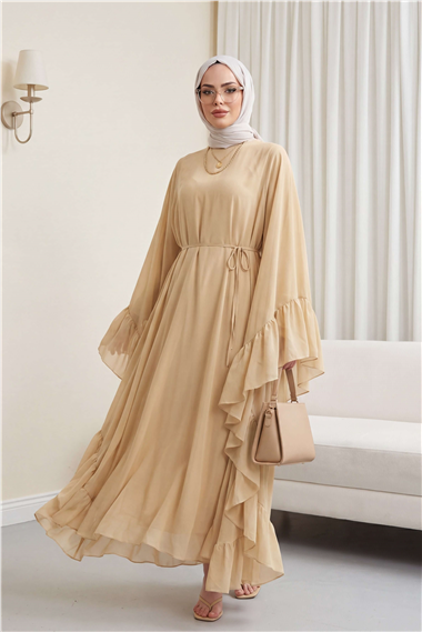 Yanı Fırfırlı Asimetrik Kesim Bağcıklı İçlikli Şifon Elbise Abaya Takım  -Bej