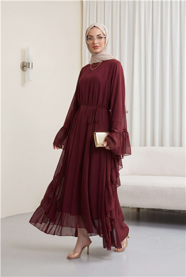 Yanı Fırfırlı Asimetrik Kesim Bağcıklı İçlikli Şifon Elbise Abaya Takım  -Bordo