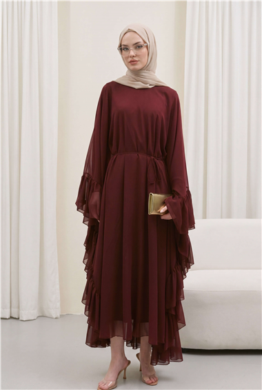 Yanı Fırfırlı Asimetrik Kesim Bağcıklı İçlikli Şifon Elbise Abaya Takım  -Bordo