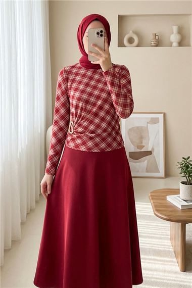 Yanı Tokalı Ekose Desenli Bluz -Bordo