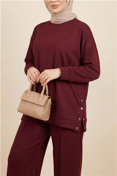 Yanları Çıtçıtlı Çimalı Pantolonlu Oyşo Takım  -Bordo