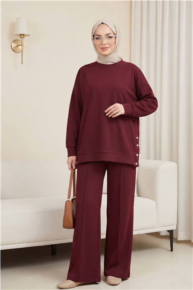 Yanları Çıtçıtlı Çimalı Pantolonlu Oyşo Takım  -Bordo