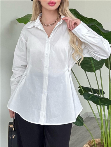 Yanları Düğme Detaylı Poplin Gömlek -Beyaz