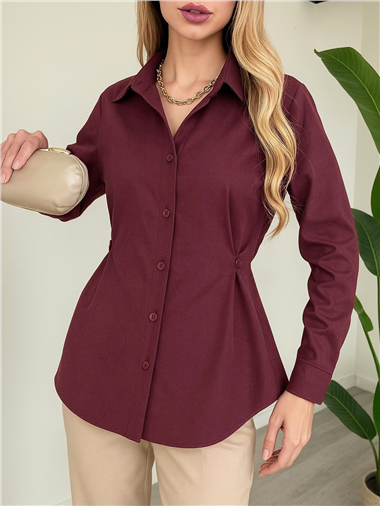 Yanları Düğme Detaylı Poplin Gömlek -Bordo