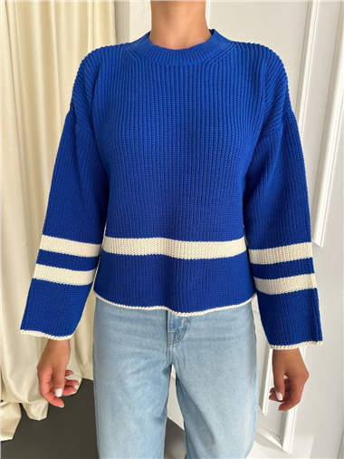 Yanları Düğmeli Örgü Desen Triko Kazak -Saks