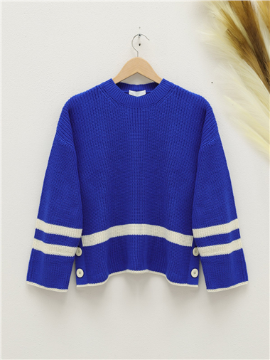 Yanları Düğmeli Örgü Desen Triko Kazak -Saks