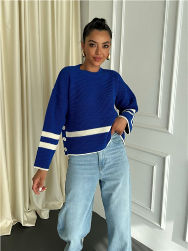 Yanları Düğmeli Örgü Desen Triko Kazak -Saks