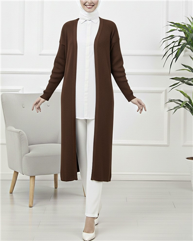 Yanları Yırtmaçlı Fitilli Uzun Triko Hırka -Kahve