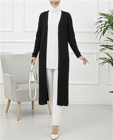 Yanları Yırtmaçlı Fitilli Uzun Triko Hırka -Siyah