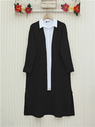 Yanları Yırtmaçlı Fitilli Uzun Triko Hırka -Siyah