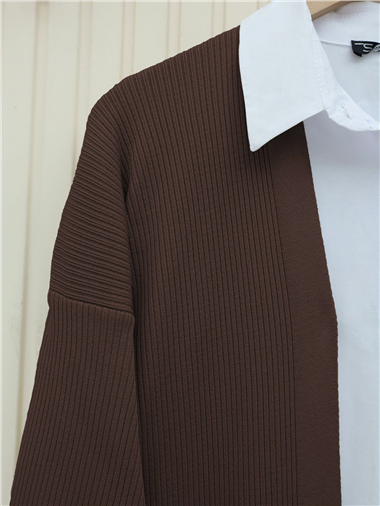 Yanları Yırtmaçlı Fitilli Uzun Triko Hırka -Kahve