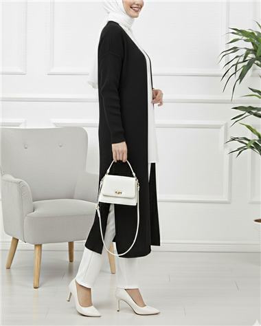 Yanları Yırtmaçlı Fitilli Uzun Triko Hırka -Siyah