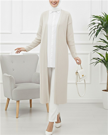 Yanları Yırtmaçlı Fitilli Uzun Triko Hırka -Taş