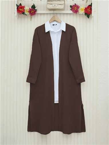 Yanları Yırtmaçlı Fitilli Uzun Triko Hırka -Kahve