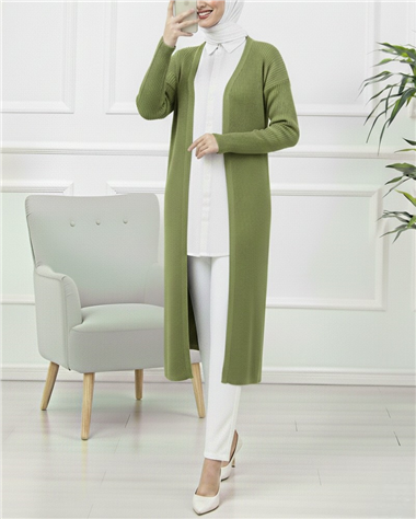 Yanları Yırtmaçlı Fitilli Uzun Triko Hırka  -Haki