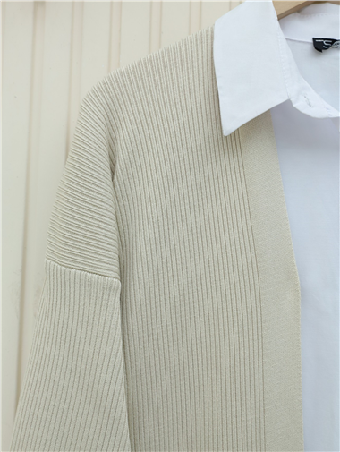 Yanları Yırtmaçlı Fitilli Uzun Triko Hırka -Taş