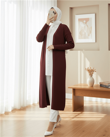 Yanları Yırtmaçlı Fitilli Uzun Triko Hırka  -Bordo