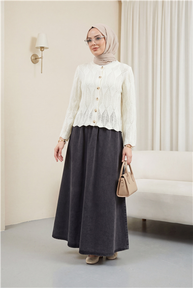 Yaprak Desenli Ajurlu Triko Hırka -Beyaz