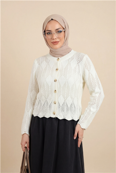 Yaprak Desenli Ajurlu Triko Hırka -Beyaz