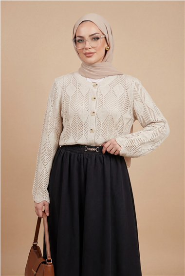 Yaprak Desenli Ajurlu Triko Hırka -Taş