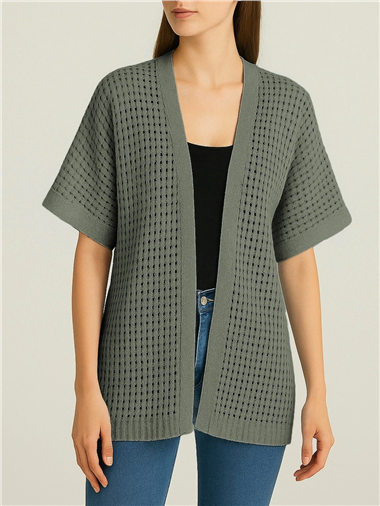 Yarasa Yarım Kol Ajurlu Triko Hırka -Haki