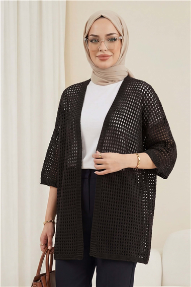 Yarasa Yarım Kol Ajurlu Triko Hırka  -Kahve
