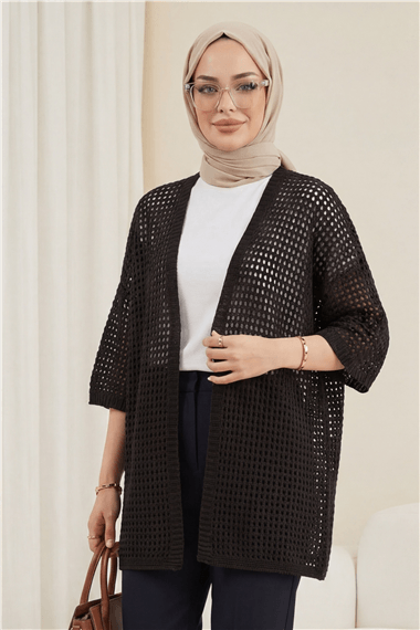 Yarasa Yarım Kol Ajurlu Triko Hırka  -Kahve