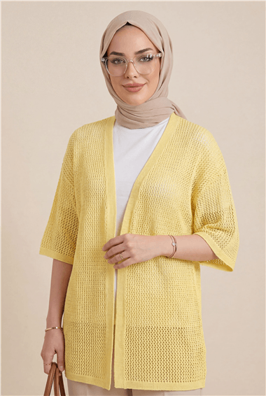Yarasa Yarım Kol Ajurlu Triko Hırka  -Sarı